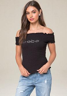 Bebe Logo Smocked Knit Top