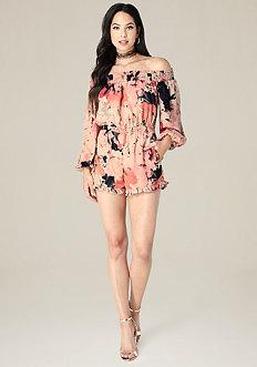 Bebe Print Off Shoulder Romper