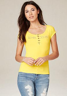 Bebe Logo Ribbed Lace Up Tee