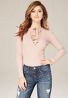Bebe Solid Lace Up V-neck Top