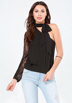 Bebe Single Sleeve Tie Neck Top