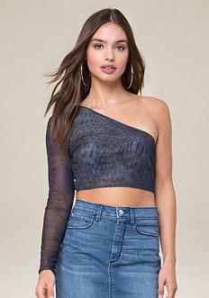 Bebe Print One Shoulder Crop Top