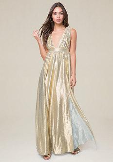 Bebe Double V-neck Metallic Gown