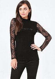 Bebe Logo Lace Sleeve Top