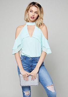 Bebe Ruffled Cold Shoulder Top