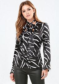 Bebe Print Silk Tie Neck Blouse