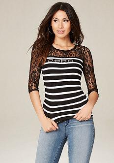 Bebe Logo Lace & Stripes Top