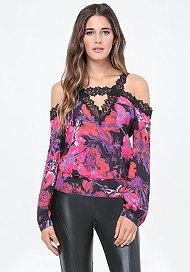 Bebe Print & Lace Shoulder Top