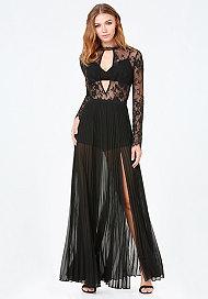 Bebe Karen Pleated Lace Gown
