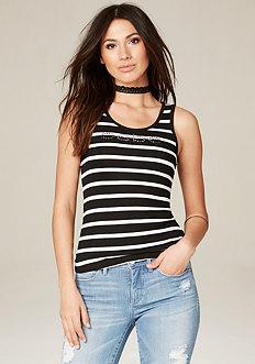 Bebe Logo Lace & Stripes Tank