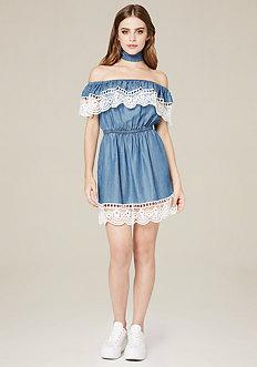 Bebe Crochet Trim Chambray Dress