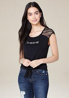 Bebe Logo Lace Yoke Tie Top