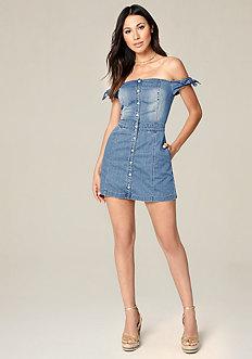 Bebe Denim Tie Shoulder Dress