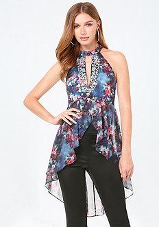 Bebe Embellished Print Hi-lo Top