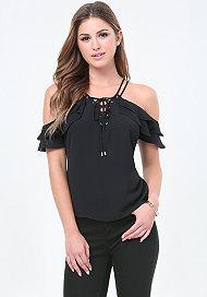 Bebe Lace Up Cold Shoulder Top