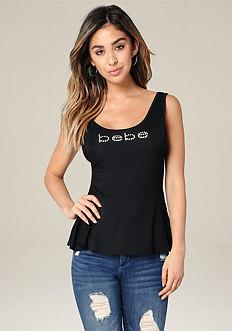 Bebe Logo Flutter Peplum Tank
