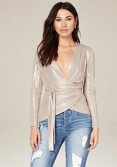 Bebe Metallic Knit Wrap Top