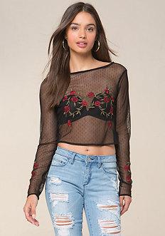 Bebe Embroidered Dot Mesh Top