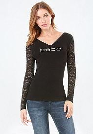 Bebe Logo Lace Double V-neck Top