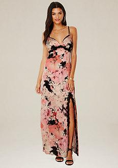 Bebe Lace Trim Satin Maxi Dress