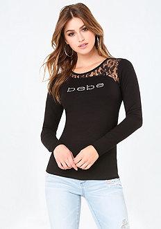 Bebe Logo Half Lace Inset Top
