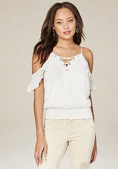 Bebe Trisha Ruffled Lace Up Top