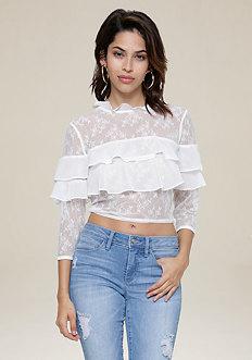 Bebe Lace Block Ruffled Top