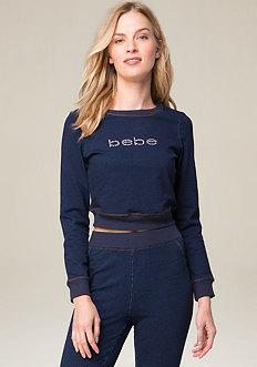 Bebe Logo Denim Knit Crop Top