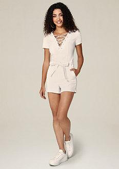 Bebe White Denim Belted Romper