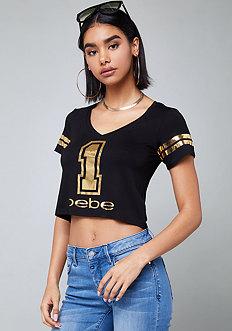 Bebe Logo Gold Foil Football Tee
