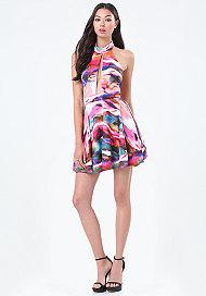 Bebe Print Plunge Halter Dress