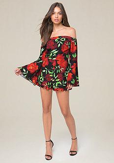 Bebe Off Shoulder Print Romper