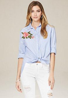 Bebe Embroidered Pinstripe Top