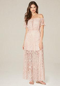 Bebe Lyla Pleated Lace Gown
