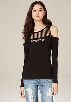 Bebe Shadow Striped Shoulder Tee