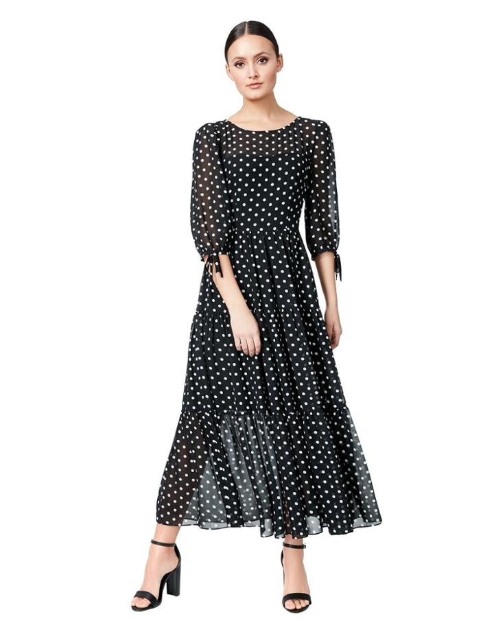 Betseyjohnson Ruffled And Dotted Maxi Dress Black-white