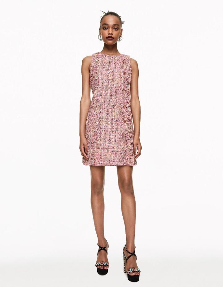 Betseyjohnson Ruffled Tweed Dress With Buttons Pink