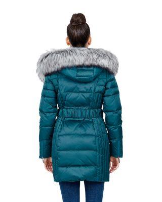 Steve Madden Belted Faux Fur Trimmed Puffer Coat Dark Teal