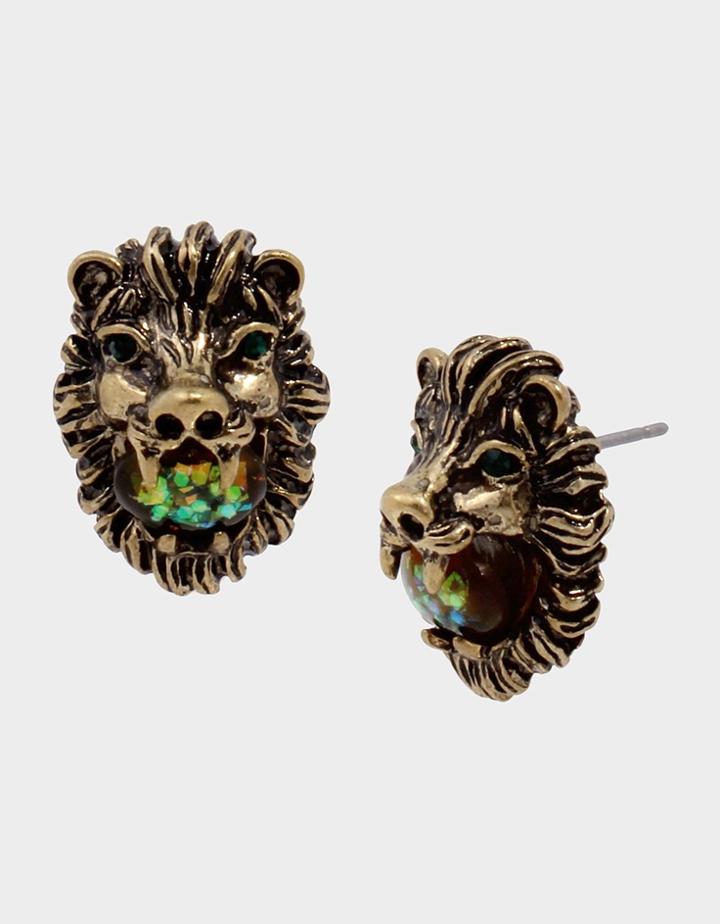 Betseyjohnson Stay Wild Lion Stud Earrings Green