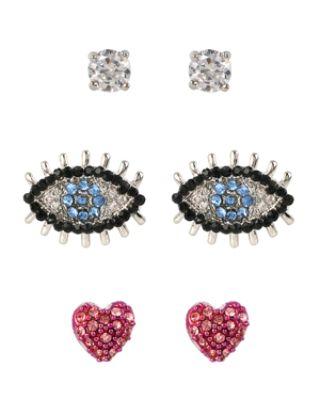 Steve Madden Vday Delicates Eye Heart Stud Set Crystal