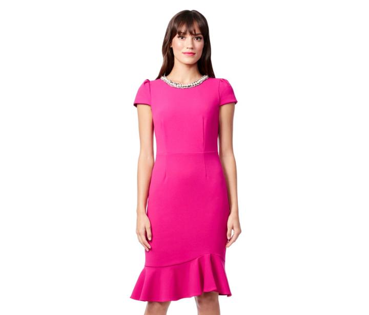 Betseyjohnson Pearl Collar Scuba Crepe Dress With Flounce Fuchsia