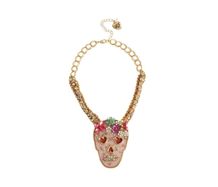 Betseyjohnson Opulent Floral Skull Necklace Pink