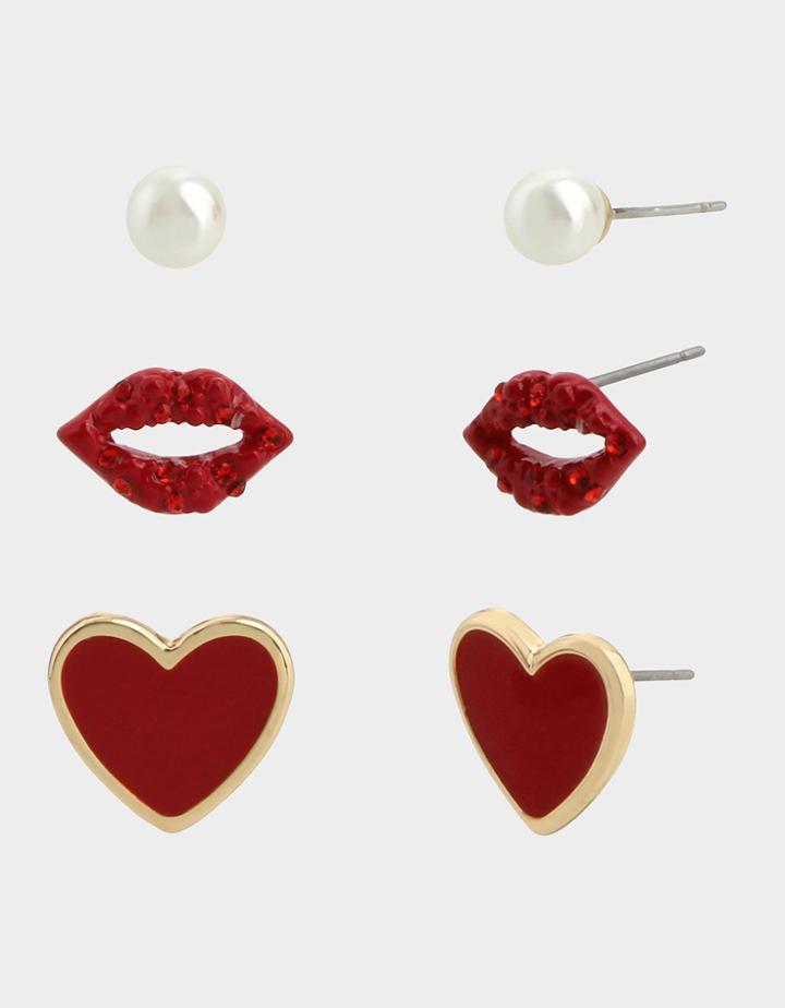 Betseyjohnson Red Hot Lip Heart Stud Set Red