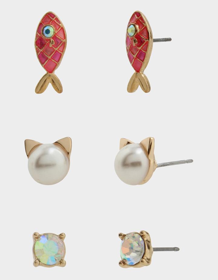 Betseyjohnson Skulls And Cats Kitty Stud Set Pink