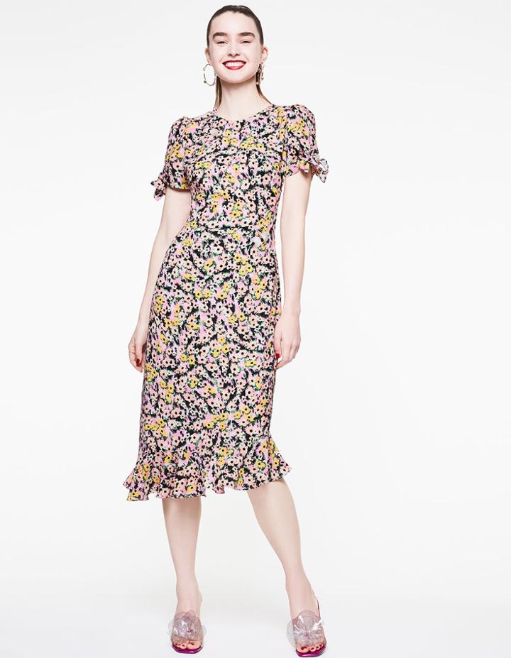 Betseyjohnson Flounce And Floral Tie Sleeve Dress Multi