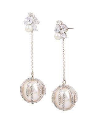 Steve Madden Betsey Blue Pearl Linear Ball Earrings Crystal