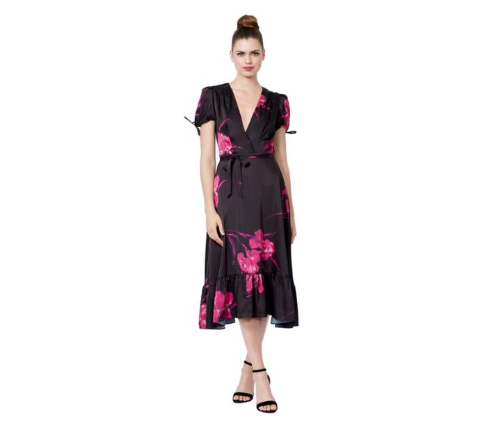 Betseyjohnson Ruffle Hem Floral Faux Wrap Dress Black-pink