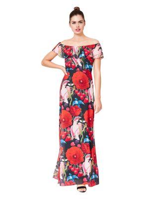 Steve Madden Bold Blooms Strapless Ruffle Maxi Dress Multi