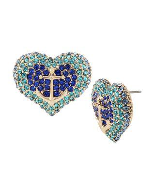 Steve Madden Anchors Away Pave Heart Stud Earrings Blue