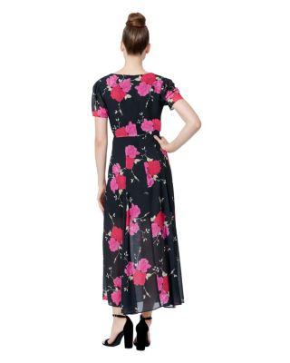 Steve Madden Floral Tie Waist Maxi Dress Black/pink